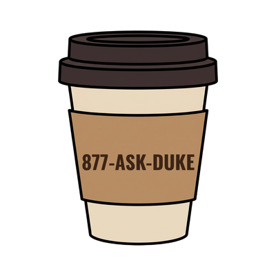 877-ASK-DUKE on a coffee cup