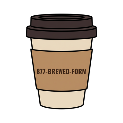 877-BREWED-FORM on a coffee cup