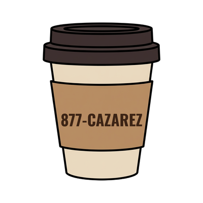 877-CAZAREZ on a coffee cup