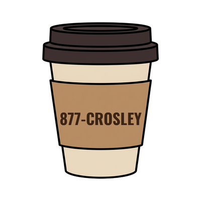 877-CROSLEY on a coffee cup