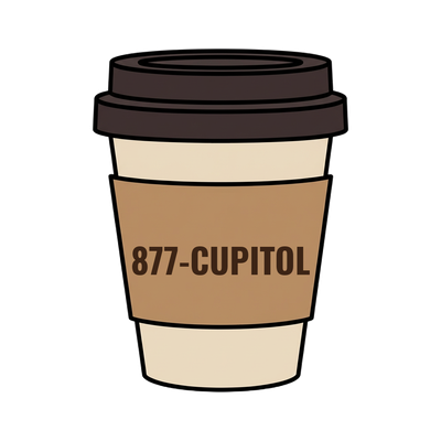 877-CUPITOL on a coffee cup