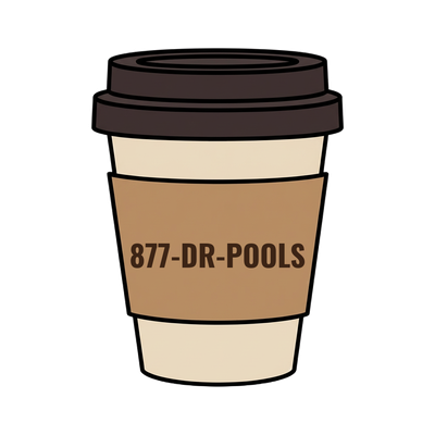 877-DR-POOLS on a coffee cup