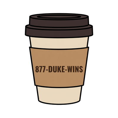 877-DUKE-WINS on a coffee cup