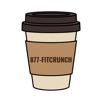 877-FITCRUNCH on a coffee cup