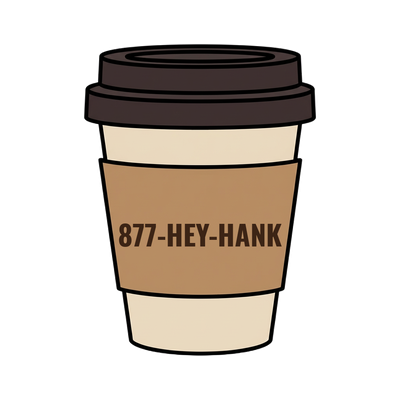 877-HEY-HANK on a coffee cup