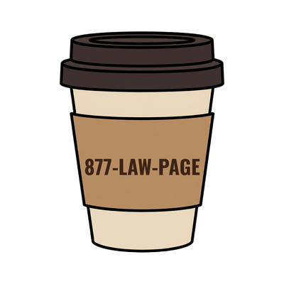 877-LAW-PAGE on a coffee cup