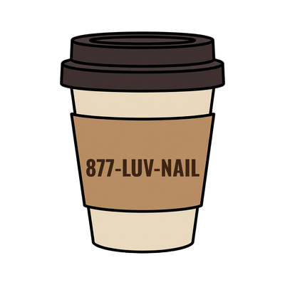 877-LUV-NAIL on a coffee cup