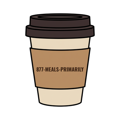877-MEALS-PRIMARILY on a coffee cup