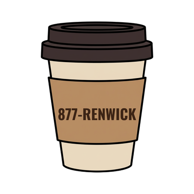 877-RENWICK on a coffee cup