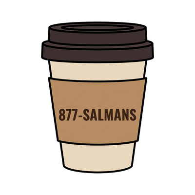 877-SALMANS on a coffee cup