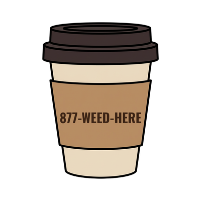 877-WEED-HERE on a coffee cup