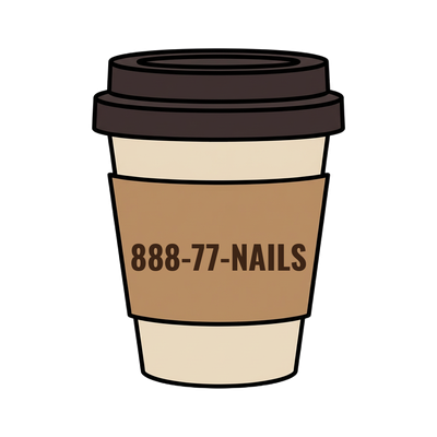888-77-NAILS on a coffee cup