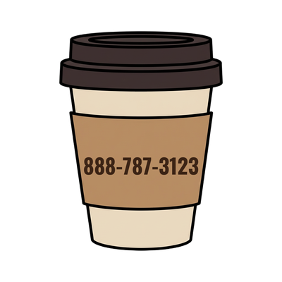 888-787-3123 on a coffee cup
