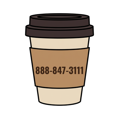 888-847-3111 on a coffee cup
