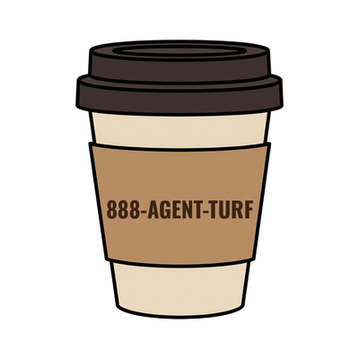 888-AGENT-TURF on a coffee cup