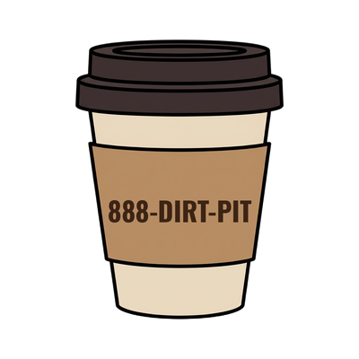 888-DIRT-PIT on a coffee cup