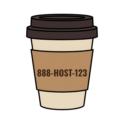 888-HOST-123 on a coffee cup