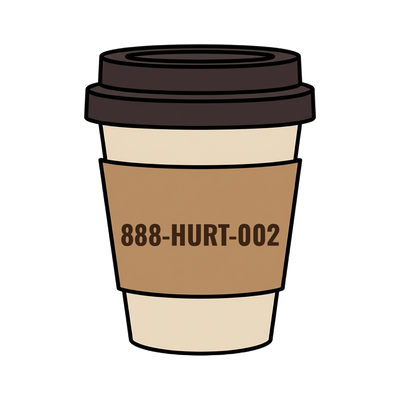 888-HURT-002 on a coffee cup