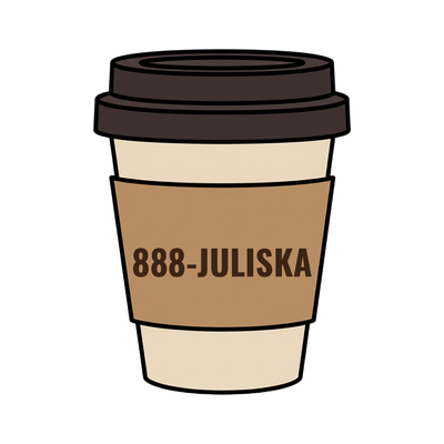 888-JULISKA on a coffee cup
