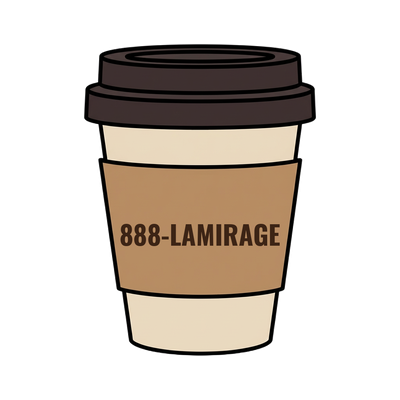 888-LAMIRAGE on a coffee cup