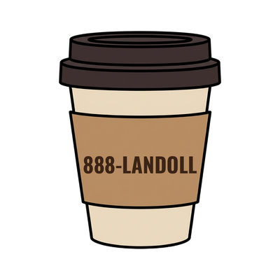 888-LANDOLL on a coffee cup