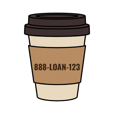 888-LOAN-123 on a coffee cup