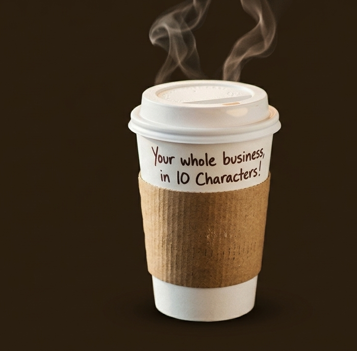 A steaming to-go coffee cup with 'Your whole business, in 10 Characters!' written on it